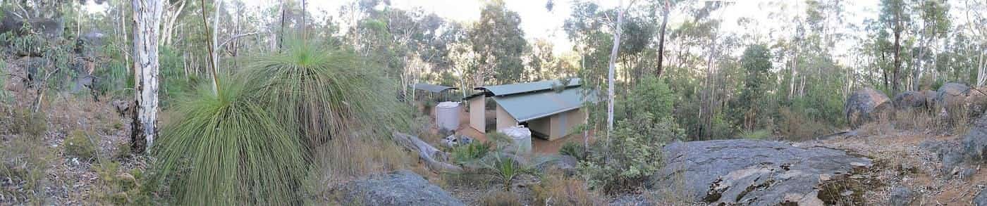 A panorama of a Munda Biddi Trail campsite with a shelter among tall forest trees