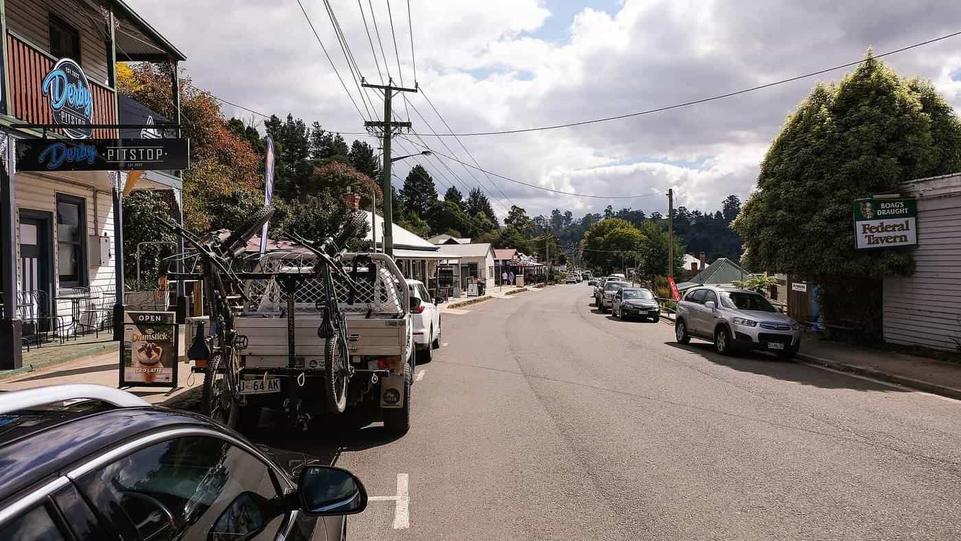 Main street of Derby, Tasmania, a regional town in the north-east