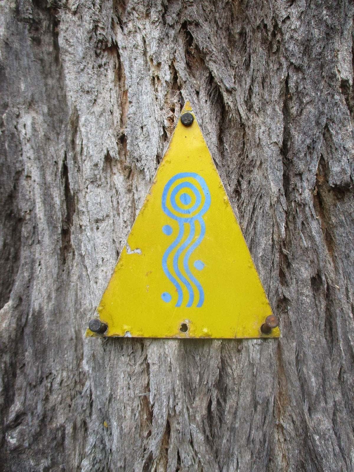 A Munda Biddi Trail marker sign on a post in Lane Poole Reserve